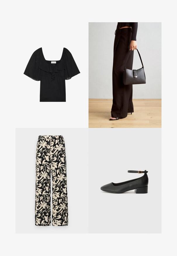 Crna majica s kvadratnim izrezom, volanastim detaljem sprijeda i kratkim, lepršavim rukavima. Izrađena od mekog materijala s glatkom teksturom.; Crne široke hlače s kremastim cvjetnim uzorkom. Izrađene od lagane tkanine, sa glatkom teksturom i visokim pojasom.; Crne kožne pumpe s oštrim vrhom i niskom blok petom. Sadrže remen oko gležnja s zlatnim kopčanjem. Glatka tekstura.; Crna torba s oblikom koji sadrži strukturu, glađu teksturu i metalnu kopču. Uparena s širokim crnim hlačama i sandalama na otvorenom s drvenog poda.