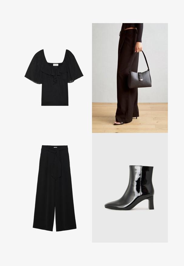 Sort top med firkantet halsudskæring, flæset frontdetalje og korte, lette ærmer. Lavet af blødt stof med en glat tekstur.; Sorte vide bukser i en tekstureret stofkvalitet, med elastisk talje og et aftageligt bånd i taljen for justerbar pasform.; Sort lakeret ankelstøvle med spids tå og en midt-højde blokhæl. Glat tekstur og minimalistisk design.; Sort håndtaske med struktureret form, glat overflade og metalspænde. Sammen med brede sorte bukser og sandaler med åben tå på trægulv.
