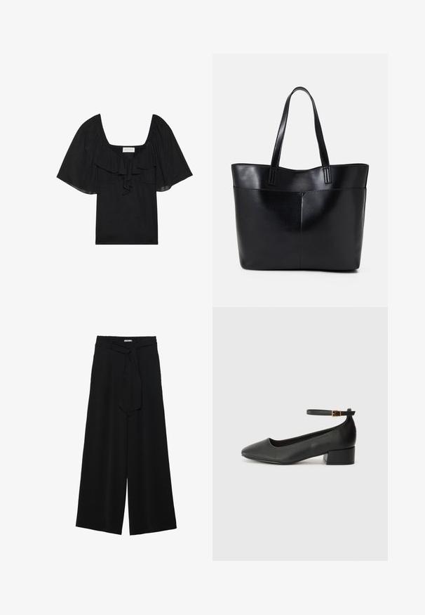 Sort top med firkantet halsudskæring, flæset frontdetalje og korte, lette ærmer. Lavet af blødt stof med en glat tekstur.; Sorte vide bukser i en tekstureret stofkvalitet, med elastisk talje og et aftageligt bånd i taljen for justerbar pasform.; Sorte læderpumper med spids tå og en lav blokhæl. Har en ankelrem med en guldfarvet spænde. Glat tekstur.; Sort læder tote taske med to lange håndtag, en glat tekstur og en struktureret form. Har en forlommem for ekstra opbevaring.