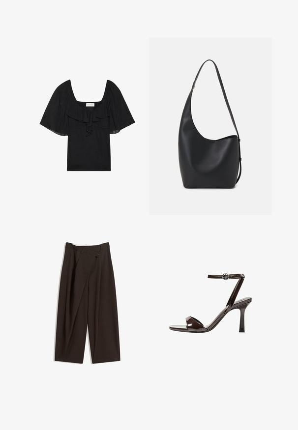 Sort top med firkantet halsudskæring, flæset frontdetalje og korte, lette ærmer. Lavet af blødt stof med en glat tekstur.; Mørkebrune brede bukser med høj talje, udstyret med en enkelt knaplukning og en plisseret front. Lavet af letvægtsstof.; Brune patentlæder højhælede sandal med ankelrem, åben tå og et elegant, minimalistisk design. Udstyret med en firkantet hæl.; Sort læder hobo taske med en glat overflade, buet form og en enkelt justerbar rem; har en bred åbning øverst.