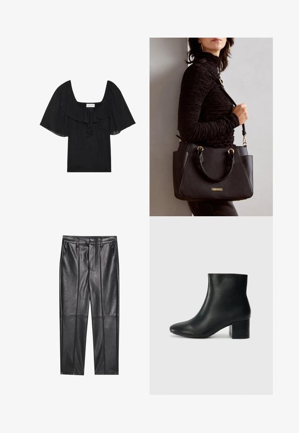 Sort top med firkantet halsudskæring, flæset frontdetalje og korte, lette ærmer. Lavet af blødt stof med en glat tekstur.; Sorte læderbukser med en glat overflade, der har lige pasform, to forlommer og synlige sømdetaljer.; Sorte læder ankelstøvler med spids tå og en kraftig hæl. Glat tekstur med minimale detaljer og et slankt, tætsiddende design.; Sort håndtaske med struktureret overflade, dobbelt topbærere og justerbar skulderrem. Udstyret med guldfarvet metalhardware og sidelommer.