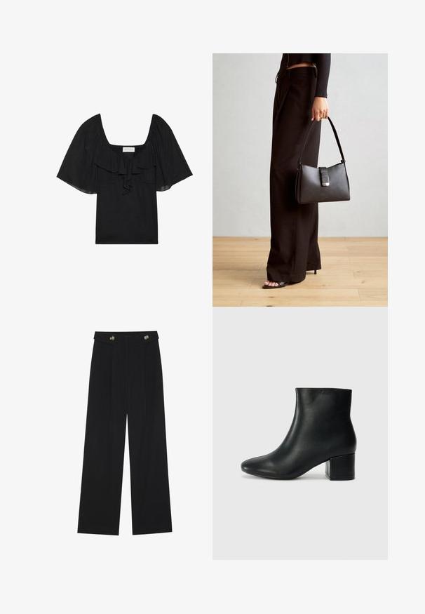 Top preto com decote quadrado, detalhe frontal em babados e mangas curtas e fluidas. Feito de um tecido macio com uma textura suave.; Calças largas pretas com cintura alta, detalhes em botão na cintura e pregas frontais.; Botas de tornozelo em pele preta com bico pontiagudo e um salto robusto. Textura suave com acentos mínimos e um design ajustado e elegante.; Bolsa preta com forma estruturada, textura suave e um fecho metálico. Combinada com calças largas pretas e sandálias de salto aberto sobre um chão de madeira.