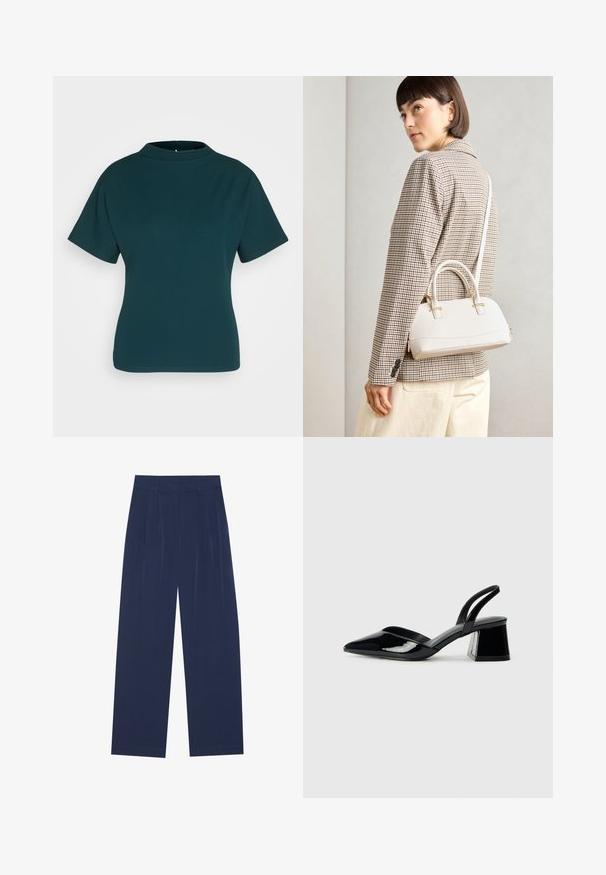 Teal värvi lühikese varrukaga särk kõrge kaelusega, valmistatud siledast kangast. Omab liibuvat siluetti ja minimaalseid õmbluse detaile.; Tumedat sinised laiad püksid pehmest kangast, millel on esipleekid, sile pind ja sirge lõige, ilma nähtavate taskuteta.; Mustad musta lakknahk kingad, millel on terav varvas ja geomeetriline plokkkonts. Omab elegantselt minimalistlikku disaini ja sujuvat tekstuuri.; Valge struktureeritud käekott lühikeste käepidemete ja õlavööga, millel on kuldse riistvara aktsendid ja tekstuuriga materjal, eksponeeritud halli taustal.