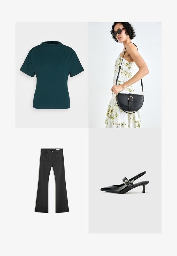 Teal short-sleeve top with a high neckline, made of smooth fabric. Features a fitted silhouette and minimal stitching details.; Black flared jeans made of denim with a smooth texture, featuring two back pockets and a button closure at the waist.; Black patent leather slingback heels with a pointed toe and a small block heel, featuring a silver buckle accent on the strap.; Black leather handbag with a curved shape, detachable strap, and gold hardware. The bag features a flap with a buckle detail.