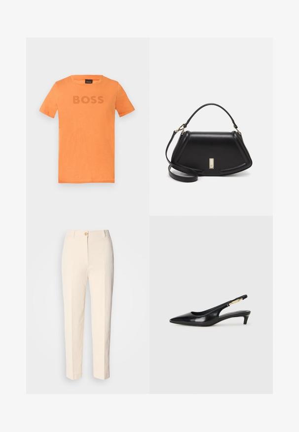 Oranžs īsām piedurknēm t-krekls, kas izgatavots no mīksta kokvilnas auduma, ar noapaļotu kaklu un tekstu "BOSS" nedaudz tumšākā nokrāsā uz priekšpuses.; Krēma krāsas augstākā jostas līmeņa bikses, izgatavotas no teksturēta auduma. Tām ir aizdare priekšā ar pogu un sašaurināti kājām.; Melnas ādas slingback zābaki ar smailu purngalu, ar šauru papēdi un zelta krāsas akcentu uz regulējama siksniņas. Gluda tekstūra.; Melnas ādas roku soma ar struktūru, ar īsu formu, augšējo rokturi un zelta aksesuāriem. Iekļauta regulējama plecu siksna.
