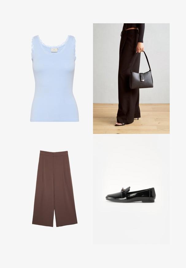 Helles blaues geripptes Tanktop mit einem gewellten Spitzenausschnitt und Trägern. Hergestellt aus einem weichen, dehnbaren Material. Figurbetonte Silhouette.; Braune Weite-Leg-Hosen mit einer glatten Textur, hoher Taille und Vorderfalten. Der Stoff ist leicht und fällt locker.; Schwarze Lackleder-Lederschuhe mit flacher Sohle, runder Spitze und einem dekorativen Riemen mit einem goldfarbenen Akzent. Glattes, glänzendes Finish.; Schwarze Handtasche mit strukturierter Form, glatter Textur und einem metallischen Verschluss. Kombiniert mit weiten schwarzen Hosen und offenen Sandalen auf einem Holzboden.