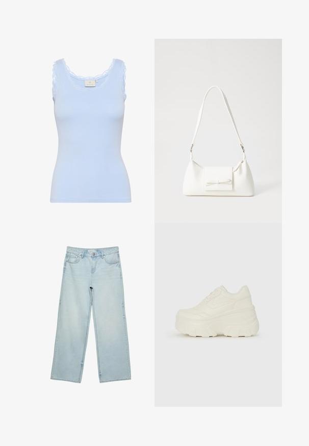 Svetlomodrý rebrovaný tielko so zoubkovaným čipkovaným výstrihom a ramienkami. Vyrobené z mäkkého, elastického materiálu. Tvarované silueta.; Svetlomodré široké džínsy z denimu, s vysokým pásom, piatimi vreckami a jemným vyblednutím. Priamy strih s olemovanými okrajmi.; Biele platformové tenisky s hladkým koženkovým svrchným materiálom, zaobleným tvarom, polstrovaným golierom a textúrovanou gumovou podrážkou s výrazným vzorom.; Biela syntetická kabelka s trojuholníkovým tvarom, plochým predným klapkou a detailom mašle, nastaviteľným popruhom, hladkou textúrou a minimalistickým dizajnom.