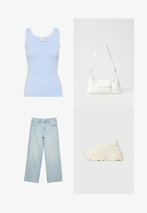 Lyseblå ribbet tanktop med en bølget blondehalsudskæring og stropper. Fremstillet af et blødt, strækbart materiale. tætsiddende silhuet.; Lysblå vide jeans i denim med høj talje, fem lommer og subtilt slid. Lige skæring med opklippede kanter.; Chunky hvide sneakers lavet af tekstureret mesh og syntetiske materialer, med en tyk sål og intrikate mønsterdetaljer langs siderne.; Hvid syntetisk håndtaske med en trekantet form, flad forsideklap og sløjfedetalje, justerbar strop, glat tekstur og minimalistisk design.