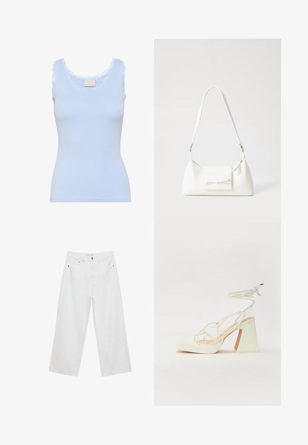 Ljusblå ribbad tanktop med en scalloped spetskrage och band. Tillverkad av ett mjukt, elastiskt material. Sitter tajt.; Vita vida jeans i denim med hög midja, med fem fickor och metalldetaljer. Slät textur, inga synliga mönster.; Vit högklackad sandal med en kraftig klack, med ett remdesign och ankelband. Slät textur med en plattform framtill för ökad höjd.; Vit syntetisk handväska med triangulär form, platt framklaff och rosettdetalj, justerbar rem, slät textur och minimalistisk design.