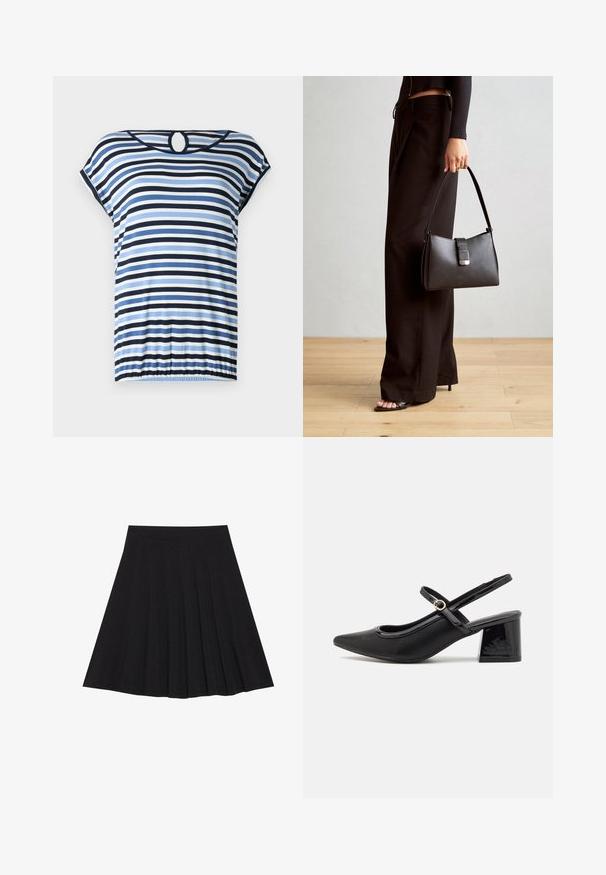 Juostuotas marškinėlis su mėlynomis, tamsiai mėlynomis ir baltomis horizontaliosiomis linijomis. Trumpomis rankovėmis, susiraukšlėjusiu apvadu ir apvaliu išpjova nugaroje. Minkšta medžiaga.; Juoda plisėta sijonas, pagamintas iš tekstūruotos medžiagos su prigludusia juosmens juosta. Siekia kelių ilgį, turi sklandžią, švarią siluetą.; Juodi patentinio odos slingback aukštakulniai su smailiu pirštu, apvaliu išpjovimu ir blokiniu kulnu. Papuošti auksiniu juostos akcentu.; Juodas rankinė struktūrizuota forma, lygi tekstūra ir metalinis užsegimas. Suporuota su plačiomis juodomis kelnėmis ir atvirais bateliais ant medinių grindų.