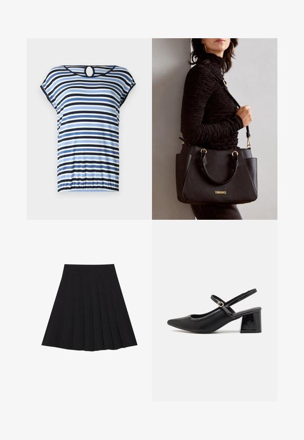 Raidallinen paita, jossa on sinisiä, laivastonsinisiä ja valkoisia vaakaraitoja. Lyhyet hihat, gathered-helma ja pyöreä aukko selässä. Pehmeä kangas.; Musta taitettu hame, joka on valmistettu teksturoidusta kankaasta ja jossa on tiukka vyötärö. Laskeutuu polveen, ja siinä on suora ja siisti siluetti.; Musta lakattu nahka slingback-korkokengät, joissa on terävä kärki, pyöreä aukko-muotoilu ja lohkokorko. Varustettu kultasävyisellä solkiyksityiskohdalla.; Musta käsilaukku, jossa on teksturoitu pinta, kaksi yläkantta ja säädettävä olkahihna. Varustettu kultasävyisillä varusteilla ja sivutaskuilla.