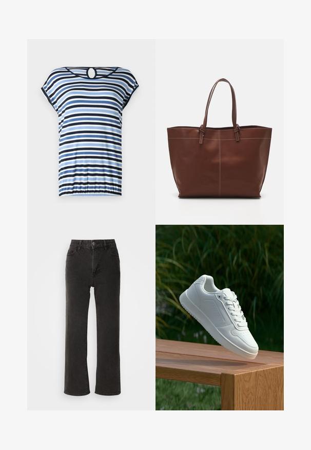 Pasičasta majica s horizontalnimi črtami v modri, mornarsko modri in beli barvi. Kratki rokavi, nabran rob in okrogla odprtina na hrbtu. Mehak material.; Črne široke kavbojke iz denima, s sprednjim gumbom, zankami za pas in petimi žepi, z rahlo zbledelim videzom.; Bela teniska s gladkim sintetičnim zgornjim delom, perforiranim prednjim delom, ravnimi vezalkami in teksturiranim podplatom, prikazana na leseni površini.; Rjava usnjena torba z dvema ročajema, z kontrastnim šitjem in prostornim dizajnom, primerna za vsakodnevno uporabo.