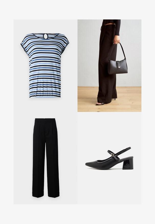 Stripet top med blå, navy og hvide vandrette striber. Korte ærmer, samlet kant og en cirkelformet udsparing bagpå. Blødt stof.; Sorte bukser med bred benvidde og en glat tekstur, der har en flad front, foldedetaljer og en skræddersyet talje. Ingen synlig hardware eller mønstre.; Sorte patentlæder slingback hæle med spids tå, rund udskæring og blokhæl. Har en guldtonet spændeaccents.; Sort håndtaske med struktureret form, glat overflade og metalspænde. Sammen med brede sorte bukser og sandaler med åben tå på trægulv.