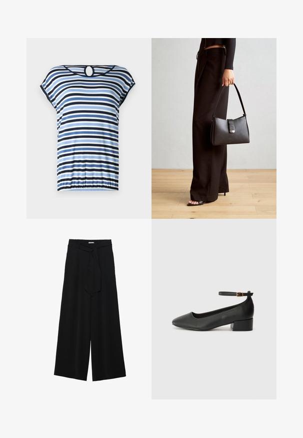 Ribade tehtud sinise, tumesinise ja valge horisontaalsete triipudega. Lühikesed varrukad, kokku kogutud hem ja ringikujuline lõige taga. Pehme kangas.; Mustad laiad püksid, millel on tekstureeritud kangas, elastne vöökoht ja eemaldatav pael vööst, et reguleerida sobivust.; Must mustaapp, millel on terav nina ja madal blokk-kand. Omab pahkluu rihma koos kuldse tooni pandlaga. Sile tekstuur.; Must musta kott, millel on struktureeritud kuju, sile tekstuur ja metallist klamber. Kombineeritud laiate mustade pükstega ja avatud varvaste sandaalidega puidust põrandal.