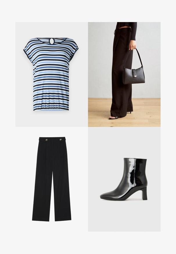 Gestreept top met blauwe, marineblauwe en witte horizontale lijnen. Korte mouwen, geplooide zoom en een rond uitsnede aan de achterkant. Zachte stof.; Zwarte wijde broek met hoge taille, knoopdetails op de tailleband en plooien aan de voorkant.; Zwarte gepolijste leren enkellaars met een spitse neus en een blokhak van gemiddelde hoogte. Glad textuur en minimalistisch ontwerp.; Zwarte handtas met gestructureerde vorm, gladde textuur en een metalen sluiting. Gecombineerd met brede zwarte broeken en sandalen met open teen op een houten vloer.