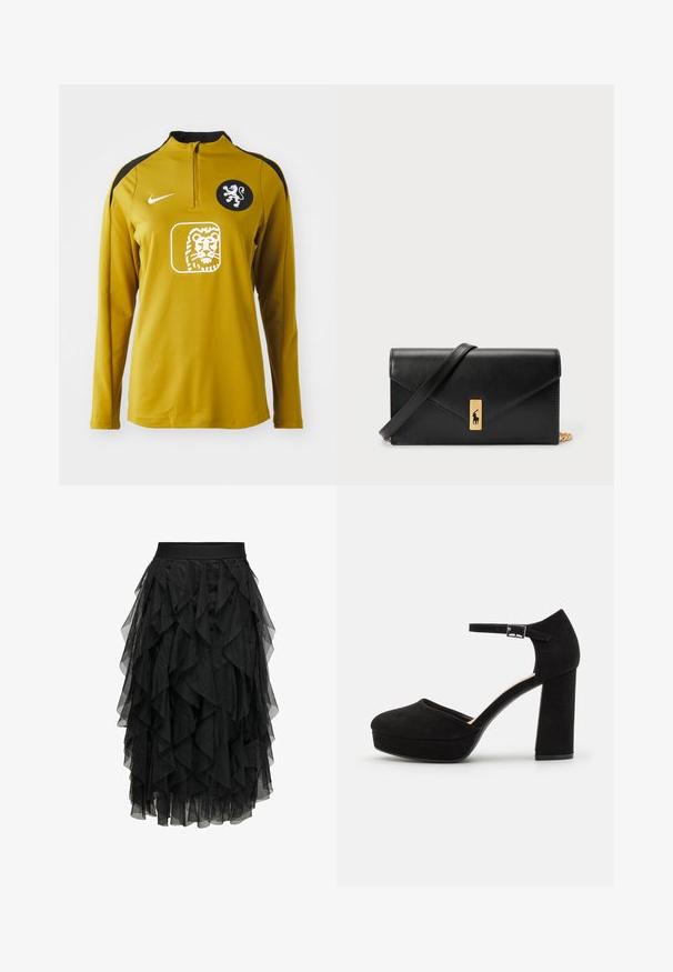 Tricou sportiv galben cu mânecă lungă, cu fermoar la jumătate, accente negre pe umeri, un emblemă cu un leu pe piept și logo-ul Nike pe umărul stâng.; Fustă midi neagră, confecționată din tul stratificat, cu un design volanat. Dispune de o talie elastică. Materialul transparent adaugă textură și mișcare.; Pantofi cu toc platformă din suede negru, cu un toc gros și pătrat, vârf rotund și curea pentru gleznă prinsă cu o cataramă metalică. Textură netedă pe toată suprafața.; Portofel din piele neagră, cu clapetă pliabilă, accesorii din aur, având un accent cu logo. Include o curea detașabilă pentru purtare.