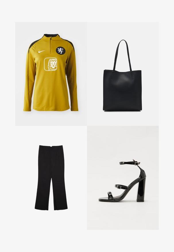 Žltý športový top s dlhými rukávmi a štvrťovým zipsom, s čiernymi akcentmi na pleciach, emblémom leva na hrudi a logom Nike na ľavom pleci.; Čierne nohavice so strihom rovného strihu, s prednými vreckami a bočnými rozparkami na leme. Vyrobené z mäkkej, hladkej tkaniny. Vhodné na rôzne príležitosti.; Čierne lakované sandále na podpätku so štvorcovou špičkou, navlečenými remienkami okolo členku a striebornými prackami. Disponujú masívnym blokovým podpätkom pre stabilitu.; Čierna kožená taška na rameno s hladkým povrchom, obdĺžnikovým tvarom a dvoma dlhými uchami. Bez viditeľného kovania alebo ozdôb.