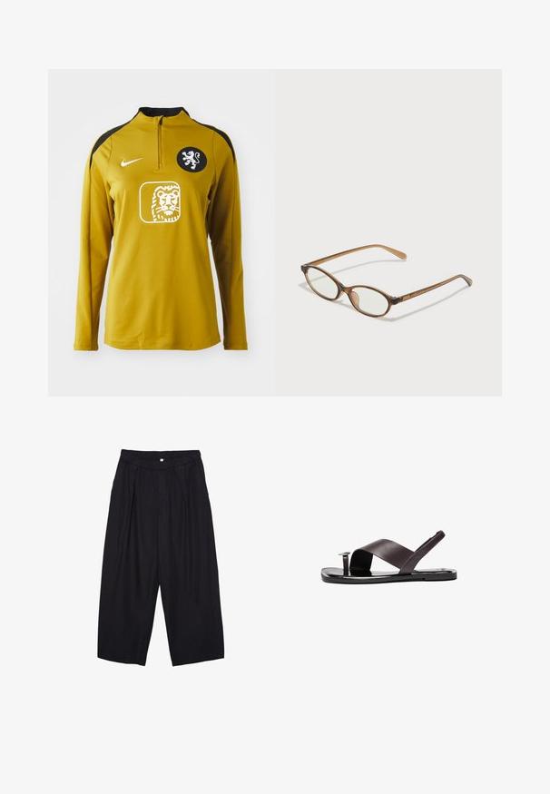 Rumena športna majica z dolgimi rokavi in četrtnim zadrgo, črnimi ramenimi poudarki, emblemom leva na prsih in logotipom Nike na levem ramenu.; Črne poliesterske culotte hlače z elastičnim pasom, dvema sprednjima nabiranjema in ohlapnim krojem. Brez vidnih vzorcev ali kovinskih detajlov.; Rjave usnjene sandale s prečnimi trakovi, ravnim podplatom in majhnim okroglim okrasjem. Gladka tekstura, minimalističen slog.; Rjavo želvovina očala z ovalnimi lečami, tankimi ročaji in prosojnimi detajli. Imajo subtilen logo na templetu. Eleganten, lahek dizajn.