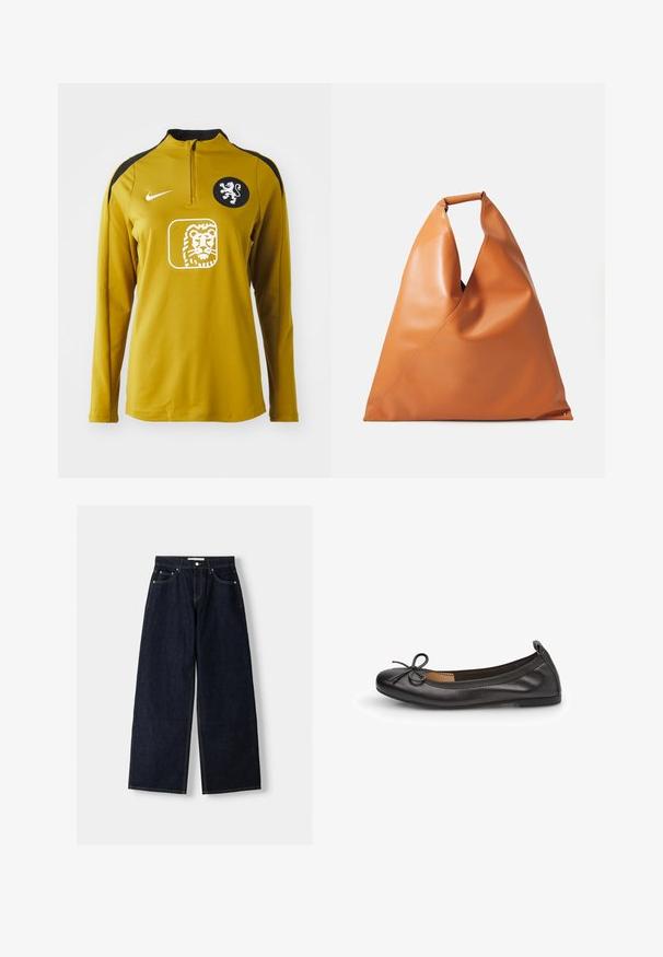 Gelbes Sportoberteil mit langen Ärmeln und Viertelreißverschluss, schwarzen Schulterakzenten, einem Löwenemblem auf der Brust und dem Nike-Logo auf der linken Schulter.; Dunkelblaue, weite Jeans mit hoher Taille, fünf Taschen, Kontrastnähten und silbernem Metallzubehör. Glatte Textur und saubere Verarbeitung.; Schwarze Leder-Ballettschuhe mit runder Zehenform, schmalem Schleifendetail an der Vorderseite und elastischem Rand für einen sicheren Sitz. Flache Sohle für besonderen Komfort.; Tanfarbene, glatte Leder-Handtasche in Dreiecksform mit einem kurzen, runden Griff und einer weichen, lässigen Struktur auf einem weißen Hintergrund.