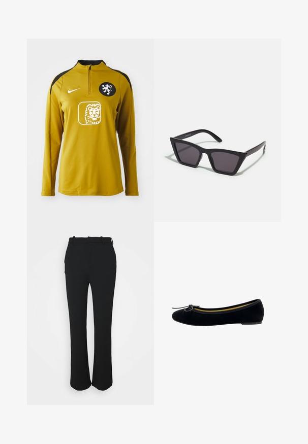 Geel sportshirt met lange mouwen en een kwart rits, zwarte schouderaccenten, een leeuwembleem op de borst en het Nike-logo op de linker schouder.; Zwarte, op maat gemaakte broeken met een gladde afwerking, recht gesneden ontwerp en een tailleband. Beschikt over subtiele stikdetails en heeft geen zakken.; Zwarte fluwelen balletschoenen met een ronde neus, een klein strikje aan de voorkant en een contrasterende gele binnenvoering.; Zwarte, hoekige zonnebril met grijze lenzen; gemaakt van plastic, met dikke armen met een gladde oppervlakte en zonder zichtbare hardware.