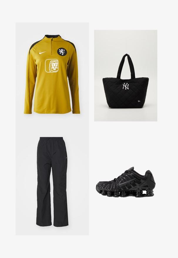 Gul langærmet sportstrøje med kvart lynlås, sorte skulderdetaljer, et løveemblem på brystet og Nike-logo på venstre skulder.; Sorte, letvægtsbukser med elastisk talje og snøre. Har en tekstureret overflade og et lille reflekterende logo på siden.; Sort atletisk sko med mesh-overdel og glatte overlays. Har buet spiralbøsningsdæmpning og strukturerede linjer på siden. Nike-logoet er synligt.; Quiltet sort tote bag med dobbelte håndtag, med et hvidt New York Yankees-logo og et lille brandemblem på siden.