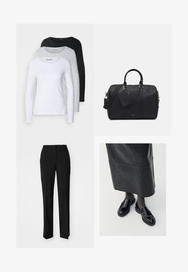 Tre magliette a maniche lunghe in bianco, grigio e nero; colli tondi; tessuto morbido; etichette visibili sulla maglietta grigia per identificazione del marchio.; Camicia bianca con maniche lunghe, colletto a punta, design aderente, tessuto di cotone liscio e chiusura frontale con bottoni.; Pantaloni neri su misura con un design a gamba dritta, caratterizzati da una texture liscia e pieghe ben definite sul davanti. Senza hardware visibile.; Mocassini in pelle nera con una finitura liscia, dotati di una fascia decorativa, punta rotonda e suola texturizzata. Indossati con una lunga gonna in pelle nera.; Borsa duffel nera in pelle sintetica con dettagli in oro, doppie maniglie superiori, tracolla regolabile e tasca per etichetta removibile.