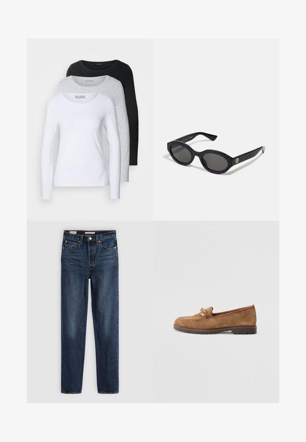 Kolme pitkähihasta T-paitaa valkoisena, harmaana ja mustana; pyöreät kaula-aukot; sileä kangas; tarrat näkyvissä harmaassa paidassa brändin tunnistamiseksi.; Ruskea pitkähihaisneule, jossa on kauluksen yläosa, napitettava etuosa ja poimutustiedot. Valmistettu sileästä kankaasta, joka on muotoon sopiva.; Tummansiniset suoralahkeiset farkut, joissa on viisi taskua, nappi- ja vetoketjukiinnitys sekä kontrastivärinen ompelu.; Tamaris Loaferit/pistokkaat - camel; Mustat soikeat aurinkolasit tummilla linsseillä ja kiiltävästä muovista valmistetulla kehällä. Varustettu kullanvärisellä logolla temppeleissä, tarjoten tyylikkään ja modernin muotoilun.; Kultaiset pallomaiset nappikorvakorut, joissa on kiiltävä pinta ja pieni tappi. Ominaisuuksina sileä tuntuma ja heijastava pinta.