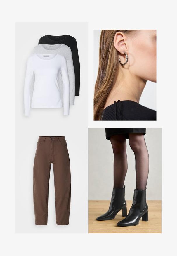 Trzy długie koszulki z długim rękawem w kolorach białym, szarym i czarnym; okrągłe dekolty; gładki materiał; widoczne metki na szarej koszulce w celu identyfikacji marki.; Brązowe spodnie o prostych nogawkach z zapięciem na guzik i zamek, z pętelkami na pasek oraz kieszeniami bocznymi, wyeksponowane na białym tle.; Czarne skórzane botki za kostkę z ostro zakończonym noskiem, masywnym kwadratowym obcasem i eleganckim designem. Posiadają elastyczne boczne panele dla łatwego zakładania.; Srebrny kolczyk w kształcie koła z polerowanym wykończeniem, z małymi złotymi akcentami, noszony na płatku ucha.