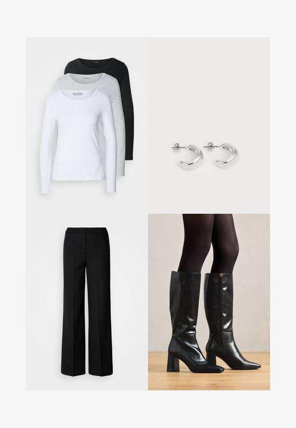 Three long-sleeve t-shirts in white, grey, and black; round necklines; smooth fabric; tags visible on the grey shirt for brand identification.; Black wide-leg trousers with a smooth fabric, featuring a high waist, tailored seams, and a minimalist design. No visible hardware or pockets.; Knee-high black leather boots with a glossy finish, pointed toe, and chunky heel. Side zipper detail for easy wear.; Silver hoop earrings with a smooth, polished finish. Round shape with a slightly curved design and blended edges. Pin back closure.