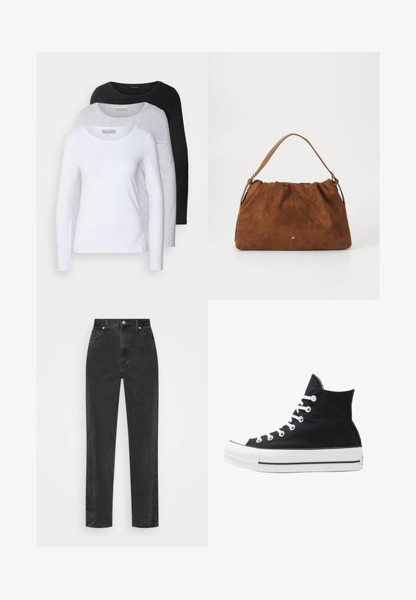 Trzy długie koszulki z długim rękawem w kolorach białym, szarym i czarnym; okrągłe dekolty; gładki materiał; widoczne metki na szarej koszulce w celu identyfikacji marki.; Czarne dżinsy o prostych nogawkach z wysokim stanem, z przodem zapinanym na guzik i zamek, oraz pięcioma kieszeniami na białym tle.; Czarny wysokopodbiciowy sneaker z płótna, z białymi oczkami, sznurówkami i gumową podeszwą. Posiada teksturowany czubek oraz czarno-białe paski.; Brązowa torebka z zamszu o marszczonym wzorze, z pojedynczym paskiem w kolorze tan i subtelnym złotym logo z przodu.