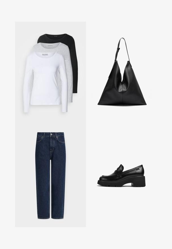 Trzy długie koszulki z długim rękawem w kolorach białym, szarym i czarnym; okrągłe dekolty; gładki materiał; widoczne metki na szarej koszulce w celu identyfikacji marki.; Ciemnoniebieskie dżinsy z prostą nogawką, wysokim stanem, srebrnymi elementami metalowymi, przednimi kieszeniami i delikatnymi detalami przeszyć. Klasyczny fason z pięcioma kieszeniami.; Czarne skórzane loafery na grubej podeszwie z szerokim obcasem i paskiem na górze, zaprezentowane z boku na białym tle.; Czarna skórzana torebka w kształcie trójkąta z pojedynczym regulowanym paskiem na ramię i miękką, lekko opadającą strukturą.