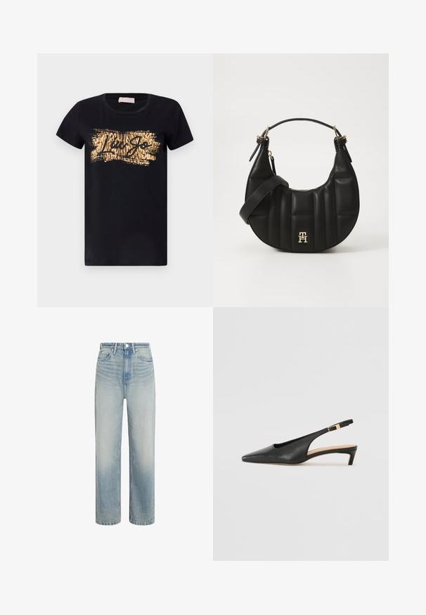 Musta puuvillateeppari lyhyillä hihoilla ja pyöreällä kaula-aukolla, jossa on kultainen ja ruskea painatus, jossa lukee "Liu Jo."; Vaaleansininen farkkuhousut, joissa on suora lahje, korkea vyötärö ja haalistunut pinta. Varustettu edessä olevalla nappisuljennalla ja klassisella viiden taskun tyylillä.; Musta nahkainen slingback-korkokenkä, jossa on terävä nenä, matala korko ja säädettävä nilkkarengas, jossa on kultasävyinen solki. Suora pinta.; Musta nahkalaukku, jossa on kaareva muoto, tikattu pinta ja kultaiset yksityiskohdat. Varustettu irrotettavalla olkahihnalla ja logopotkalla.