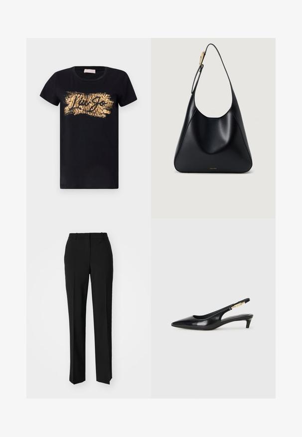Black cotton t-shirt with short sleeves and a round neck, featuring a gold and brown printed design with the text "Liu Jo."; Black tailored trousers with a straight-leg design, featuring a smooth texture and crisp creases along the front. No visible hardware.; Black leather slingback heels with a pointed toe, featuring a slim heel and a gold-tone accent on the adjustable strap. Smooth texture.; Black leather shoulder bag with a smooth texture, curved silhouette, and a gold hardware accent. Features embossed brand logo at the base.