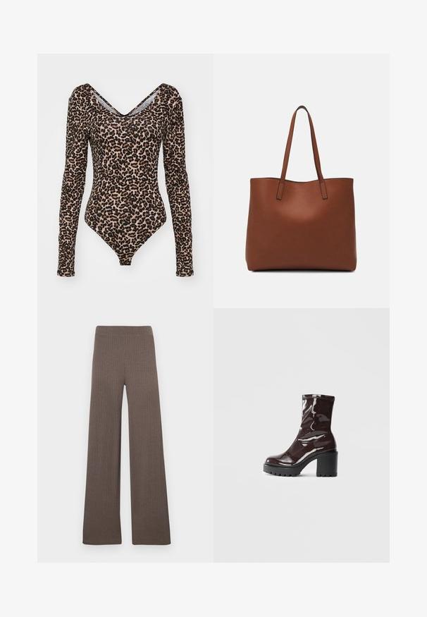 Långärmad bodysuit med leopardsmönster, v-ringning, mjukt tyg och en figurnära silhuett med hög skärning vid benet.; Ribbstickade vida byxor i mörkbrun färg, med en stretchig midjeresår och ett mjukt, strukturerat tyg.; Glansig bordeauxfärgad ankelsko med en kraftig svart klack, som har en slät yta och enkel design. Inga synliga stängningar eller mönster.; Brun läder tote-väska med en slät textur, öppen toppdesign och två axelremmar. Har minimal söm och ingen synlig metalldetalj.