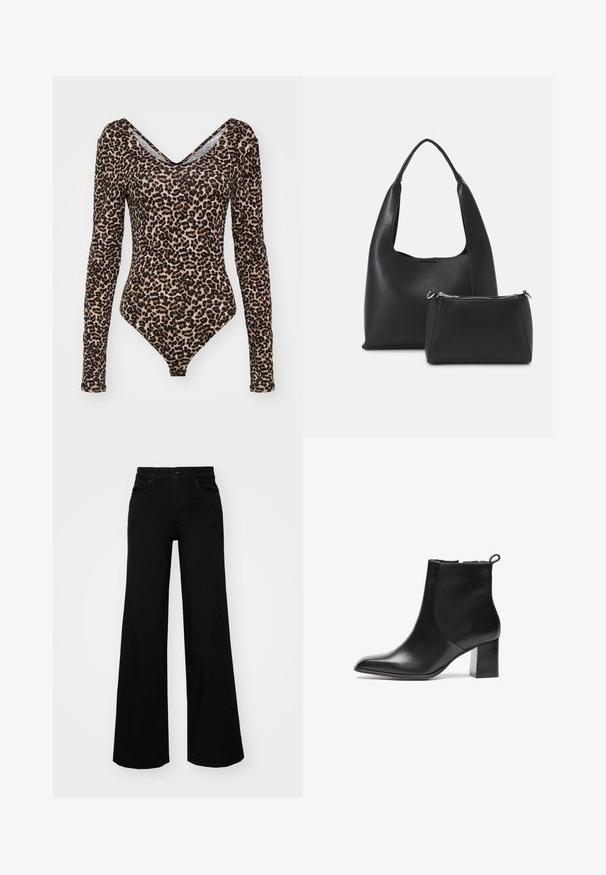 Hosszú ujjú bodysuit leopárdmintával, V-nyakú fazonnal, puha anyagból, testhezálló szabással és magasra vágott lábrésszel.; Fekete, bő szárú farmernadrág, amelynek állítható derékrésze van, övhurkokkal és elülső zsebekkel. Simaság jellemzi, klasszikus dizájnnal.; Fekete bőr bokacsizma kerek orral, közepes magasságú blokk sarkával és hátsó húzófüllel. Sima felület, minimalista kialakítás.; Even&Odd Kézitáska - black