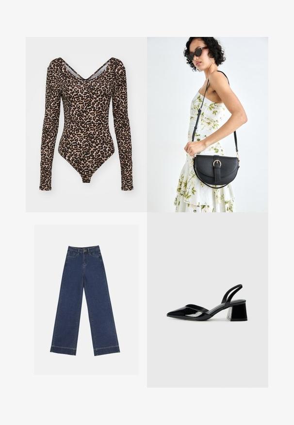 Pitkähihaista jumpsuitia, jossa on leopardikuosiset kuviot, V-kaula-aukko, pehmeää kangasta sekä tiukka siluetti, jossa on korkea leikkaus lahkeessa.; Vyötäröltä leveät farkut tummansinisestä denimmateriaalista. Varustettu viidellä taskulla, vyölenkeillä ja näkyvillä sauman yksityiskohdilla. Raaka helma alareunassa.; Mustat patentoitu nahkakengät, joissa on säären takaosa ja terävä kärki, sekä geometrinen palikkakorko. Sisältää tyylikkään, minimalistisen muotoilun ja sileän pinnan.; Musta nahkainen käsilaukku, joka on kaareva muotoilultaan, irrotettavalla hihnalla ja kultaisilla yksityiskohdilla. Laukussa on läppä, jossa on solk yksityiskohta.