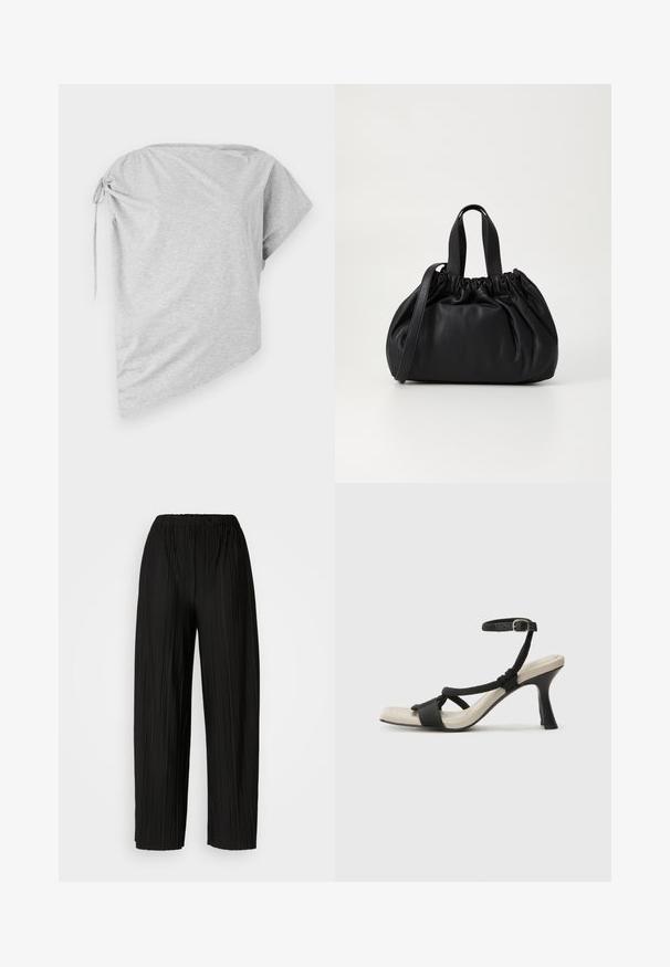 Harma t-paita epäsymmetrisellä leikkauksella, pehmeästä kankaasta, jossa on solmittu yksityiskohta toisella puolella sekä leveä pääntie. Lyhyet hihat ja rento istuvuus.; Mustat leveälahkeiset housut, joissa on joustava vyötärö. Kankaassa on pystysuoria poimuja ja sileä pinta.; Mustat korkokengät, joissa on punottuolkaiminen design, neliömäinen kärki ja säädettävä nilkkahihna. Vaaleanbeige jalkapohja ja kiiltävä musta korko.; Musta nahkabag, jossa on kerätty yläosa. Varustettu kahdella lyhyellä kantokahvalla ja pitkällä säädettävällä hihnalla. Sileä pinta, pyöreä muoto.