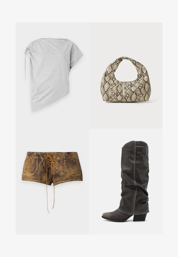 Asymmetrische grijze t-shirt van zachte stof, met een gebonden accent aan de ene kant en een brede halslijn, met korte mouwen en een comfortabele pasvorm.; Bruine vetershorts met een gestructureerd oppervlak en contrasterende tan veters. Voorzien van oogjes en een aansluitend ontwerp voor een snug uiterlijk.; Grijze leren laarzen tot de kuit met een slouchy ontwerp, spitse neus en gestapelde hak. Opmerkelijke stikdetails op het neusstuk.; Slangpatroon handtas met een gebogen handvat. Gemaakt van gestructureerde, beige en bruine materialen, met een kenmerkend ruitpatroon.