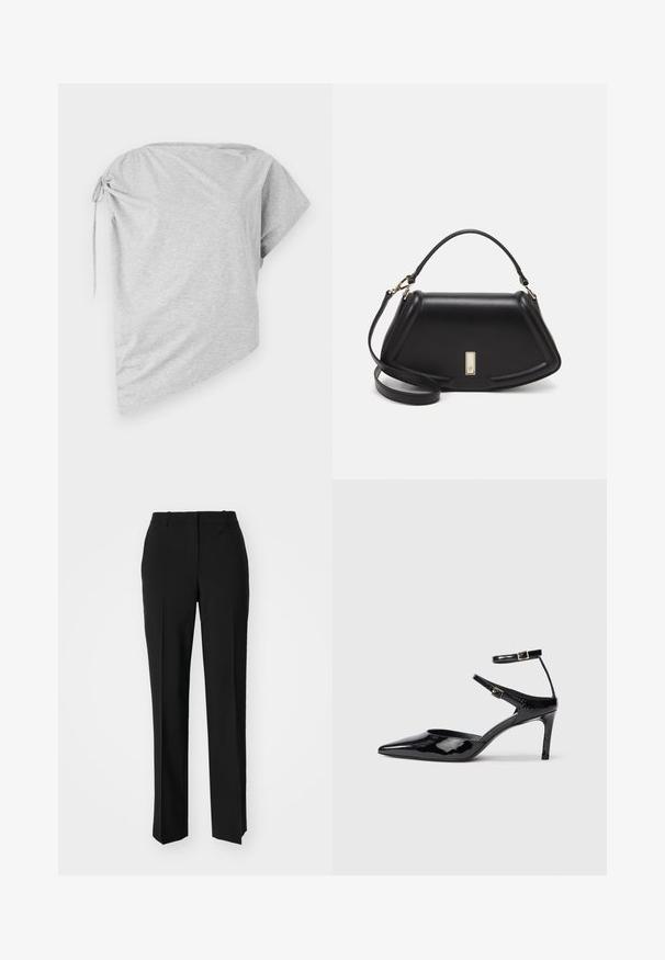 Aszimmetrikus szürke póló puha anyagból, az egyik oldalon megkötött díszítéssel, széles nyakkivágással, rövid ujjakkal és laza szabással.; Fekete, testhezálló nadrág egyenes szárú kivitelben, sima textúrával és éles redőkkel az elején. Nincs látható fémalkatrész.; Fekete lakkbőr magassarkú cipők hegyes orral, állítható bokapánttal és vékony sarokkal. Simább textúra fényes kivitelben.; Fekete bőr kézitáska, strukturált dizájnnal, rövidített formával, felső fogantyúval és arany színű kiegészítőkkel. Állítható vállpánt is tartozik hozzá.