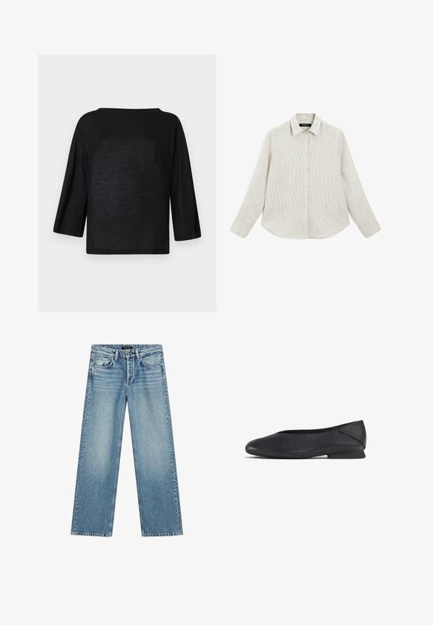 Schwarzes, locker sitzendes Oberteil mit weitem Ausschnitt und drei Viertelärmeln. Das Material wirkt weich und leicht mit einer glatten Textur.; Heller, knopfbarer Hemd mit feinem Streifenmuster. Hergestellt aus strukturiertem Stoff, mit klassischem Kragen und langen Ärmeln mit Knopfmanschetten.; Hellblaue Jeans mit weitem Bein aus Denim. Verfügt über fünf Taschen, einen Knopfverschluss und dezentes Verblassen, das eine strukturierte Optik erzeugt.; Schwarze Lederflats mit runder Zehenpartie und niedrigem Absatz, geeignet für Freizeit- oder formelle Anlässe.