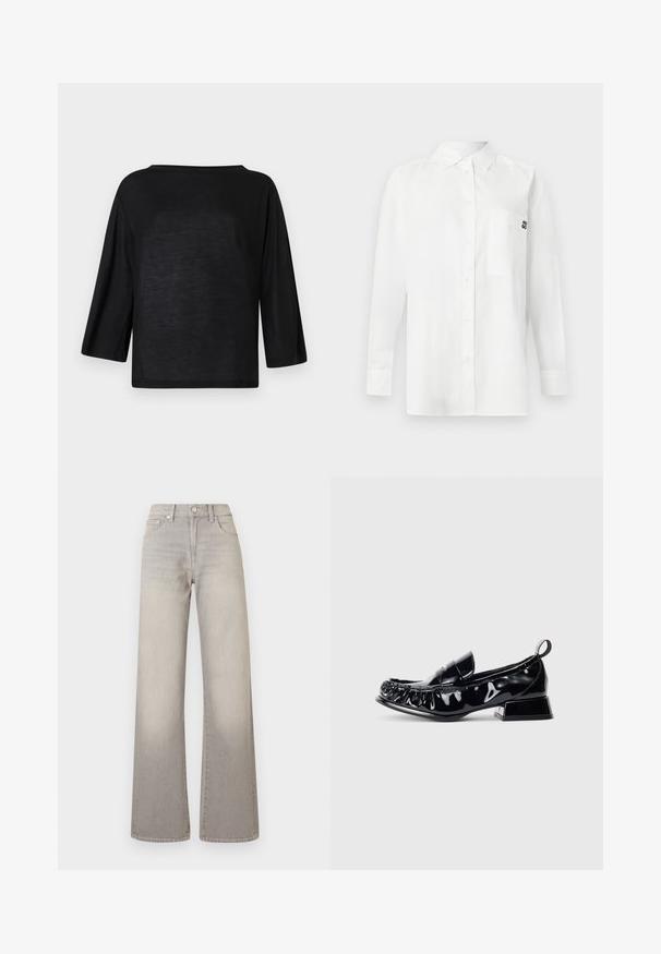 Top nero, morbido e leggero, con una scollatura ampia e maniche a tre quarti. Il materiale sembra avere una consistenza liscia.; Camicia bianca a maniche lunghe in tessuto misto cotone, con colletto button-down, tasca frontale e un piccolo logo nero sul petto.; Jeans grigi larghi con finitura sbiadita, chiusura con bottone, design a cinque tasche e cuciture decorative lungo le cuciture.; Mocassino in pelle verniciata nera con punta quadrata, dettagli arricciati, tacco a blocco basso e linguetta sul retro, su sfondo bianco.