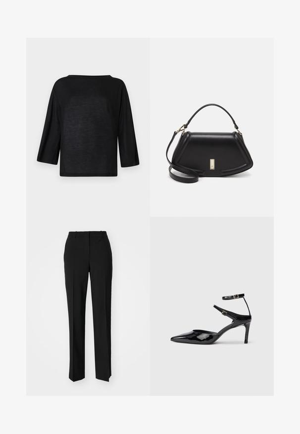 Black, loose-fitting top with a wide neckline and three-quarter sleeves. Material appears soft and lightweight with a smooth texture.; Black tailored trousers with a straight-leg design, featuring a smooth texture and crisp creases along the front. No visible hardware.; Black patent leather heels with a pointed toe, adjustable ankle straps, and a slender heel. Smooth texture with a shiny finish.; Black leather handbag with a structured design, featuring a cropped shape, top handle, and gold hardware accent. Adjustable shoulder strap included.