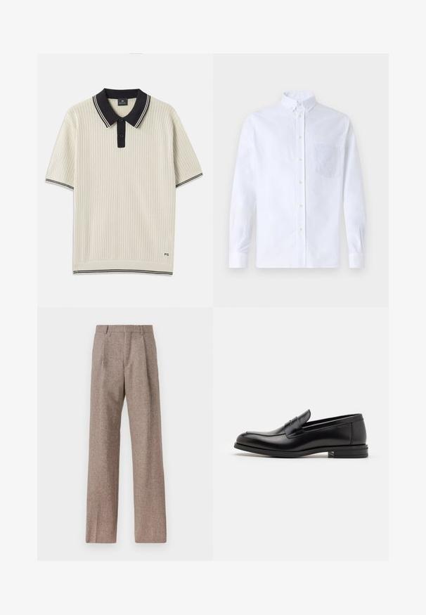 Rövid ujjú pólókrém színben, texturált mintával, fekete gallérral és gombolással, kontrasztos csíkkal. Logo a szegélyen.; Fehér, hosszú ujjú, gombos ing pamutból, mellzsebbel, tónusos hímzéssel, gallérral és gombos mandzsettával.; Barna, magas derekú nadrág texturált anyagból. Széles szárai és két elülső redője biztosítja a struktúrát. Ízléses kivitel, látható fémszerelés nélkül.; Fekete bőr loaferek sima textúrával, kerek orral és dekoratív pánttal a vampnál. Alacsony, rétegelt sarkú, minimalista dizájn.