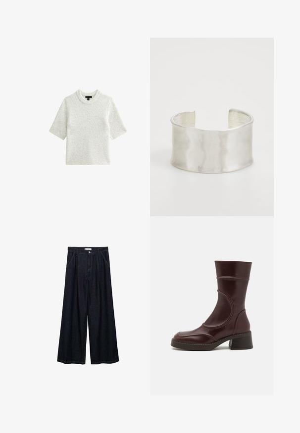 Krótki rękaw, jasnoszara sweter z miękkiego dzianinowego materiału. Posiada okrągły dekolt i luźny krój, z gładką fakturą.; Ciemnoniebieskie spodnie o szerokich nogawkach z wysokim stanem, z zamknięciem na guzik z przodu, dwoma bocznymi kieszeniami oraz detalami w szwach.; MIISTA MALENE brązowy; Zign - Bransoletka