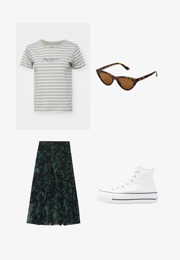 Tyrkysově zelené a bílé pruhované tričko z bavlny, s kulatým výstřihem a logem v námořnické modři na hrudi. Krátké rukávy, normální střih.; Černá sukně s zeleným květinovým vzorem, s volány a záhyby. Vyrobena z lehkého materiálu, který poskytuje volný siluetu.; Bílé vysoké plátěné tenisky s černou gumovou podrážkou, přední gumovou špičkou a šesti očky na tkaničky, se čistým, minimalistickým designem.; Sluneční brýle ve stylu kočičích očí s černo-oranžovým želvovinovým rámem, hnědými skly a elegantními, špičatými konci. Obsahují minimalistické logo na straně.