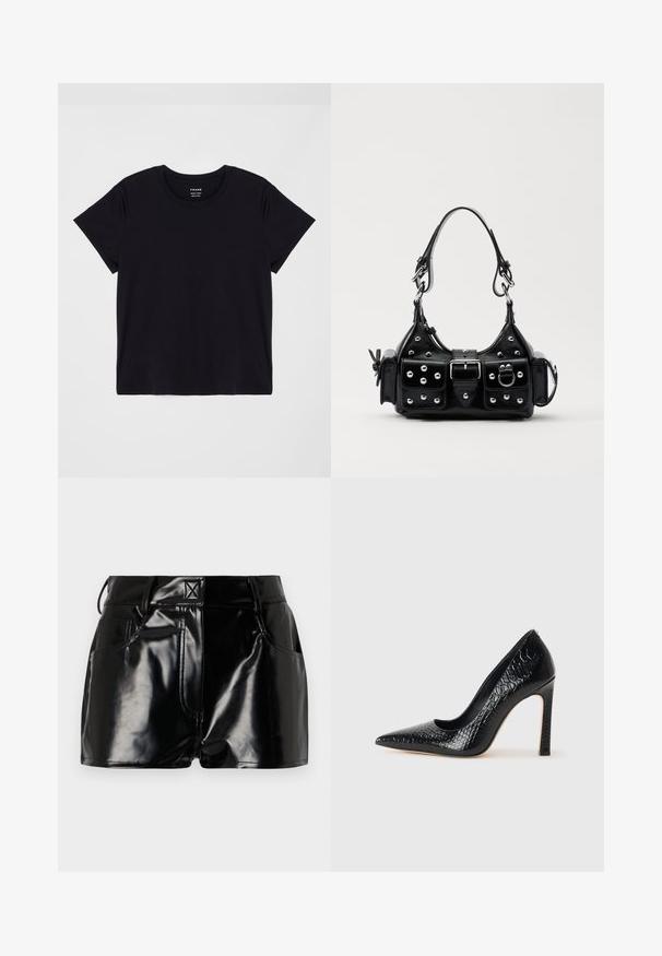 T-shirt nera a maniche corte in cotone morbido. Design classico con colletto tondo e superficie semplice e senza fronzoli, con una vestibilità comoda.; Shorts neri e lucidi realizzati in materiale sintetico. Presentano una vita aderente, passanti per la cintura e tasche frontali con evidenti dettagli di cucitura.; Scarpa nera con punta a punta alta in pelle di coccodrillo, caratterizzata da un design elegante, alto tacco a spillo e interno nero liscio.; Borsa a mano in pelle nera con design curvo, caratterizzata da borchie argentate, una fibbia e due tasche laterali. Tracolla regolabile per diverse opzioni di trasporto.