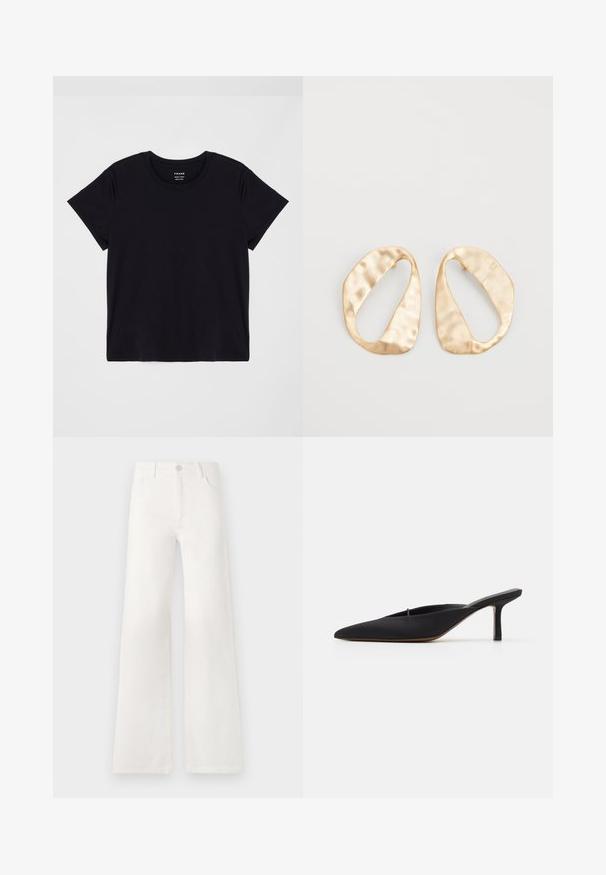 Black short-sleeve t-shirt made of soft cotton. Classic round neck design with a simple, unembellished surface and a relaxed fit.; White, high-waisted wide-leg jeans made of denim. Features a button closure, two front pockets, and side seams with stitching details.; Black pointed-toe mule with a sleek design, made of smooth fabric, featuring a slender heel and open back for easy wear.; Pair of irregular oval-shaped gold-toned metal earrings with a textured, slightly hammered surface on a white background.