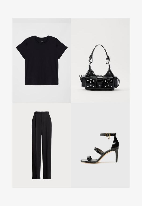 Czarna koszulka z krótkim rękawem wykonana z miękkiej bawełny. Klasyczny okrągły dekolt, z prostą, nieozdobioną powierzchnią i luźnym krojem.; Czarne dopasowane spodnie z wysokim stanem, z kantami z przodu, prostą nogawką i mankietem na dole. Wykonane z gładkiego materiału.; Czarne lakierowane sandały na paski z trzema paskami, zapięciem na kostce i 10-centymetrowym obcasem w szpilce. Zawierają złote detale oraz zawieszkę z logo.; Czarna skórzana torebka w zakrzywionym kształcie, z srebrnymi ćwiekami, klamrą i dwoma bocznymi kieszeniami. Regulowany pasek umożliwiający różne opcje noszenia.
