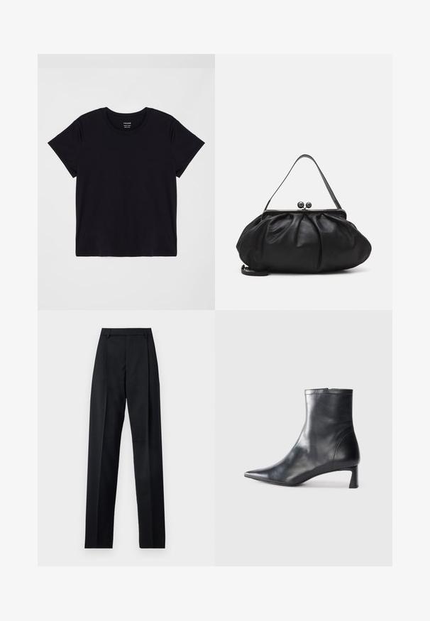 Schwarzes Kurzarm-T-Shirt aus weicher Baumwolle. Klassisches Rundhalsausschnitt-Design mit einer einfachen, ungeschmückten Oberfläche und einem lockeren Schnitt.; Schwarze Hosen aus glattem Stoff mit hoher Taille, weitem Bein, vorderen Falten und klassischen Gürtelschlaufen. Keine sichtbaren Seitentaschen.; Schwarze Lederstiefelette mit spitzer Zehe und schlankem Design. Verfügt über einen niedrigen Absatz und einen Reißverschluss hinten. Glatte Textur.; Schwarze Lederhandtasche mit einer runden, gefalteten Form. Verfügt über einen metallischen Verschluss mit zwei dekorativen Kugeln und einem schmalen, abnehmbaren Tragegurt.