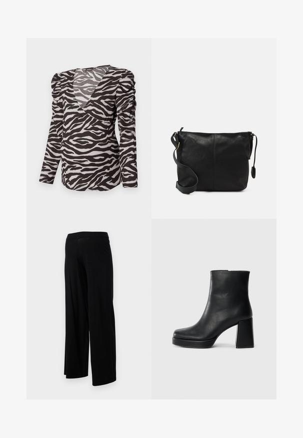 Black and white zebra print long-sleeve top with a wrap v-neck design and gathered shoulder detail. Made of textured fabric.; Black wide-leg pants with an elastic waistband and a smooth, stretchy texture. Features a simple design, no patterns or embellishments.; Black leather ankle boot with a block heel and platform sole, viewed from the side on a plain white background.; Black leather crossbody bag with a flat shape, gold hardware accents, and an adjustable strap. Smooth texture with minimal stitching details.